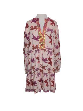 Briton Court Cheetah Mini Dress Womens Size XL Pink Sequin Flowy Tiered Lined